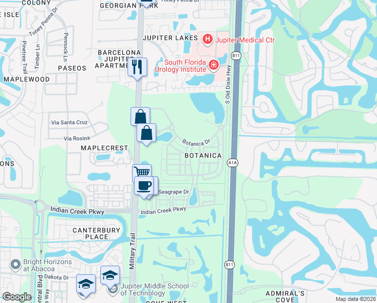 map of restaurants, bars, coffee shops, grocery stores, and more near 132 West Thatch Palm Circle in Jupiter