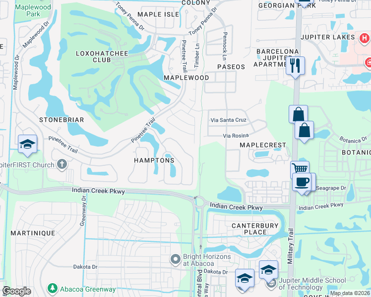 map of restaurants, bars, coffee shops, grocery stores, and more near 133 East Hampton Way in Jupiter