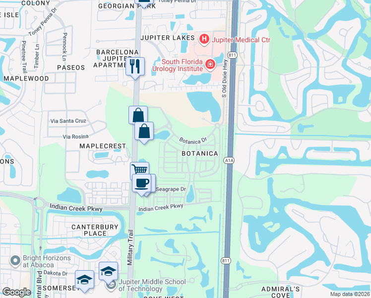 map of restaurants, bars, coffee shops, grocery stores, and more near 128 West Thatch Palm Circle in Jupiter