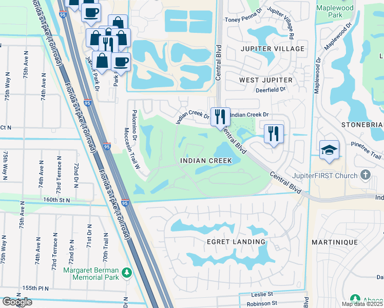 map of restaurants, bars, coffee shops, grocery stores, and more near 1401 Pinecrest Circle in Jupiter