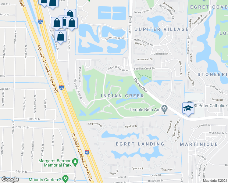 map of restaurants, bars, coffee shops, grocery stores, and more near 1401 Pinecrest Circle in Jupiter
