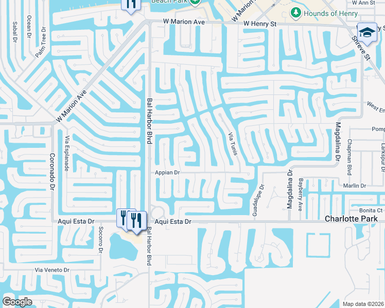 map of restaurants, bars, coffee shops, grocery stores, and more near 1404 San Carlo Lane in Punta Gorda