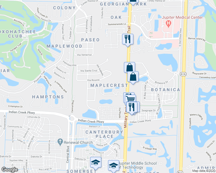 map of restaurants, bars, coffee shops, grocery stores, and more near 72 Maplecrest Circle in Jupiter