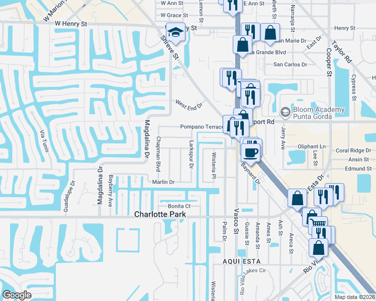 map of restaurants, bars, coffee shops, grocery stores, and more near 2621 Larkspur Drive in Punta Gorda