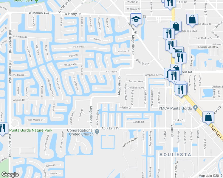 map of restaurants, bars, coffee shops, grocery stores, and more near 2714 Magdalina Drive in Punta Gorda