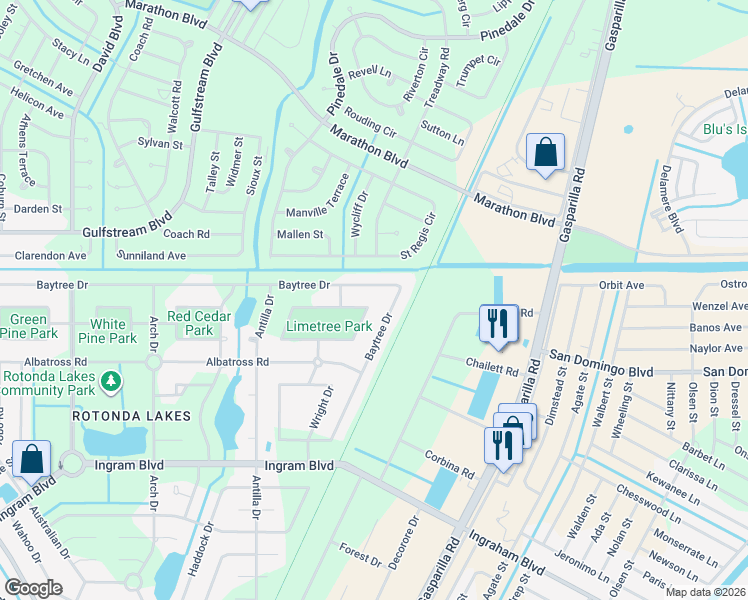 map of restaurants, bars, coffee shops, grocery stores, and more near 132 Lime Tree Park in Rotonda West