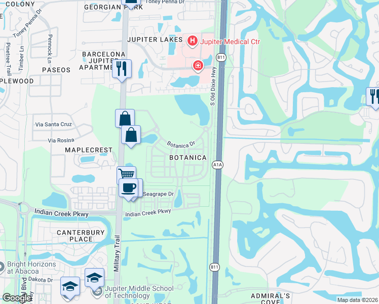 map of restaurants, bars, coffee shops, grocery stores, and more near 109 Inkberry Drive in Jupiter