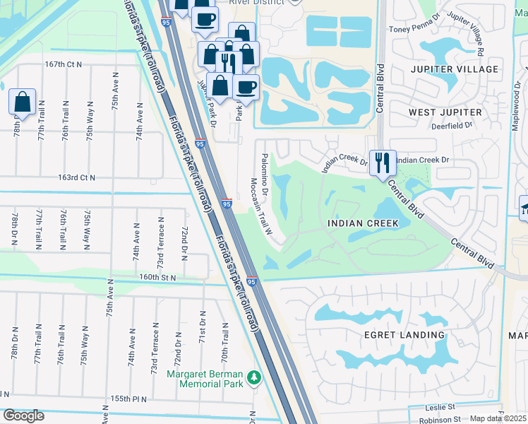 map of restaurants, bars, coffee shops, grocery stores, and more near 275 Moccasin Trail West in Jupiter