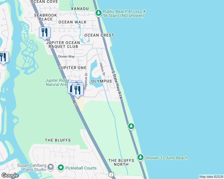 map of restaurants, bars, coffee shops, grocery stores, and more near 197 Helios Drive in Jupiter