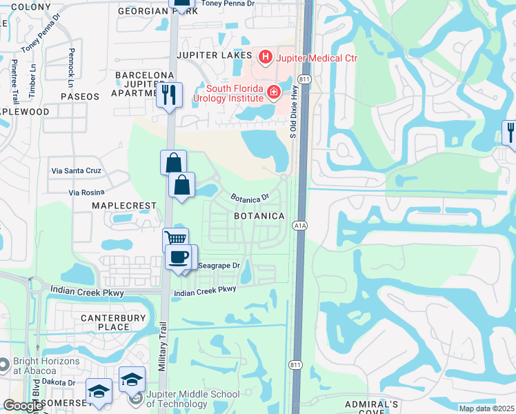 map of restaurants, bars, coffee shops, grocery stores, and more near 123 East Thatch Palm Circle in Jupiter