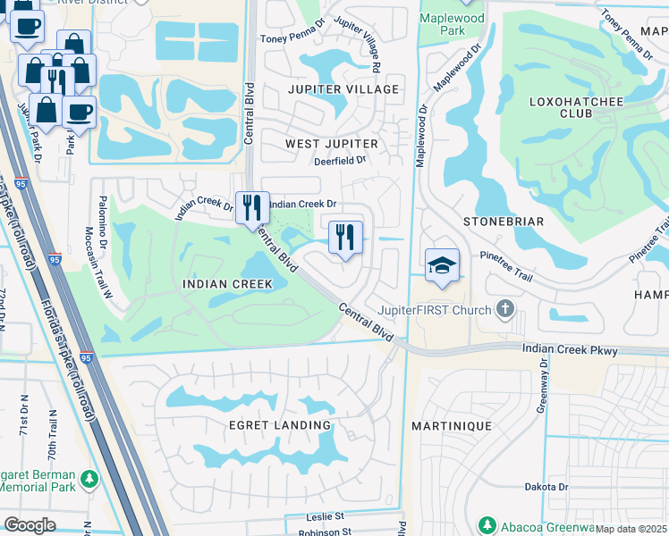 map of restaurants, bars, coffee shops, grocery stores, and more near 160 Raintree Trail in Jupiter