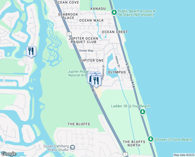 map of restaurants, bars, coffee shops, grocery stores, and more near 100 Olympus Way in Jupiter