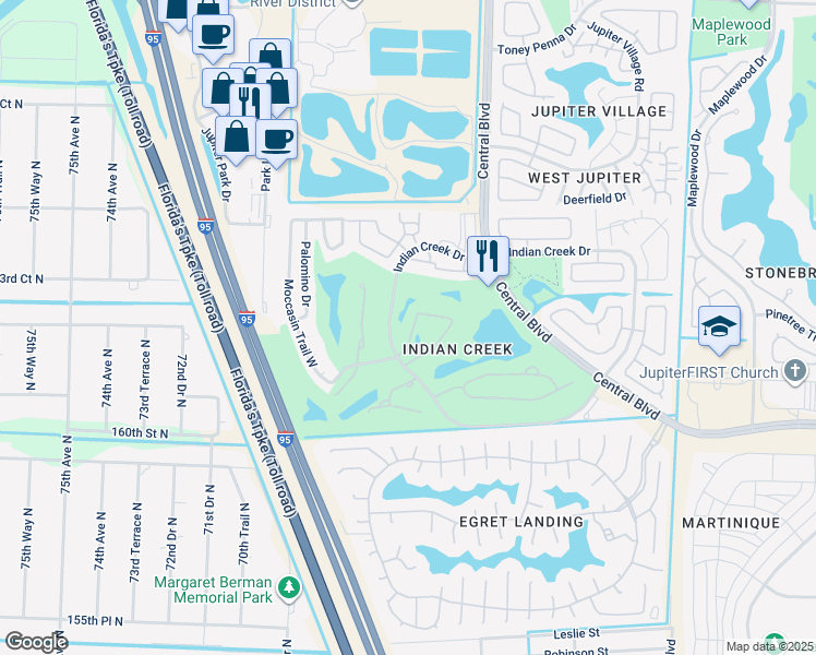 map of restaurants, bars, coffee shops, grocery stores, and more near 1401 Pinecrest Circle in Jupiter