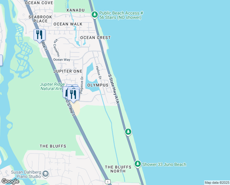 map of restaurants, bars, coffee shops, grocery stores, and more near 1833 Ocean Boulevard in Jupiter