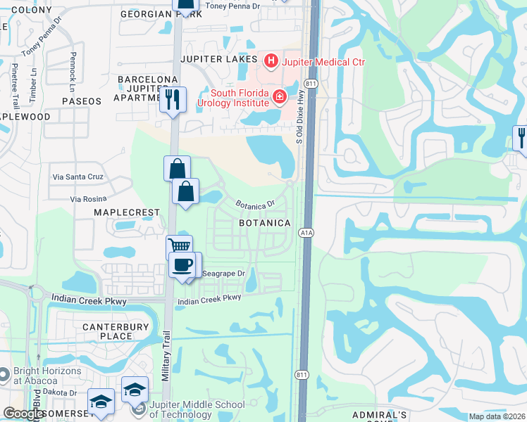 map of restaurants, bars, coffee shops, grocery stores, and more near 111 East Thatch Palm Circle in Jupiter