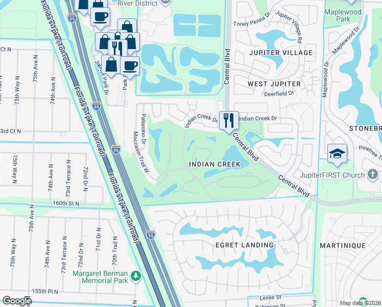 map of restaurants, bars, coffee shops, grocery stores, and more near 1401 Pinecrest Circle in Jupiter