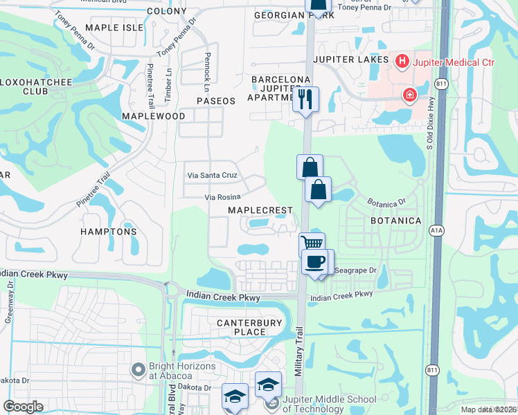 map of restaurants, bars, coffee shops, grocery stores, and more near 152 Maplecrest Circle in Jupiter