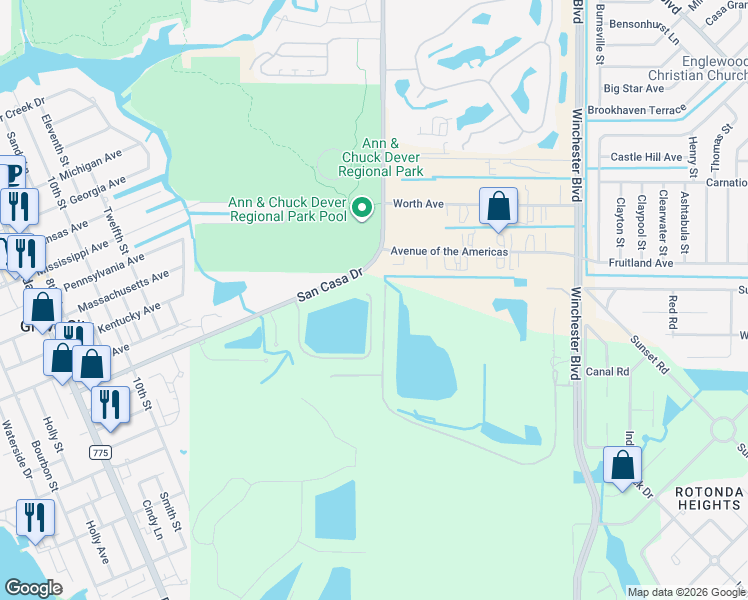 map of restaurants, bars, coffee shops, grocery stores, and more near 8150 Casa De Meadows Drive in Englewood