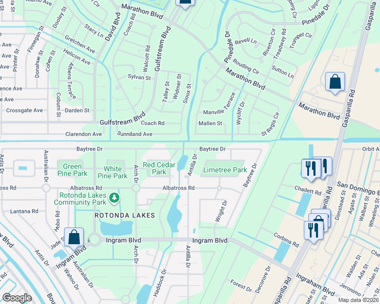 map of restaurants, bars, coffee shops, grocery stores, and more near 266 Baytree Drive in Rotonda West