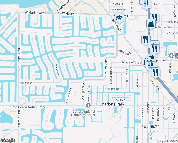 map of restaurants, bars, coffee shops, grocery stores, and more near 1439 Mediterranean Drive in Punta Gorda