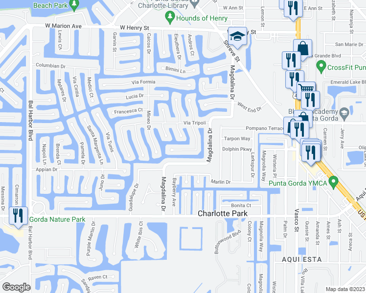 map of restaurants, bars, coffee shops, grocery stores, and more near 1326 Monte Carlo Court in Punta Gorda
