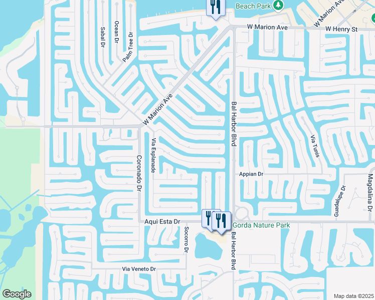 map of restaurants, bars, coffee shops, grocery stores, and more near 425 Belvedere Court in Punta Gorda