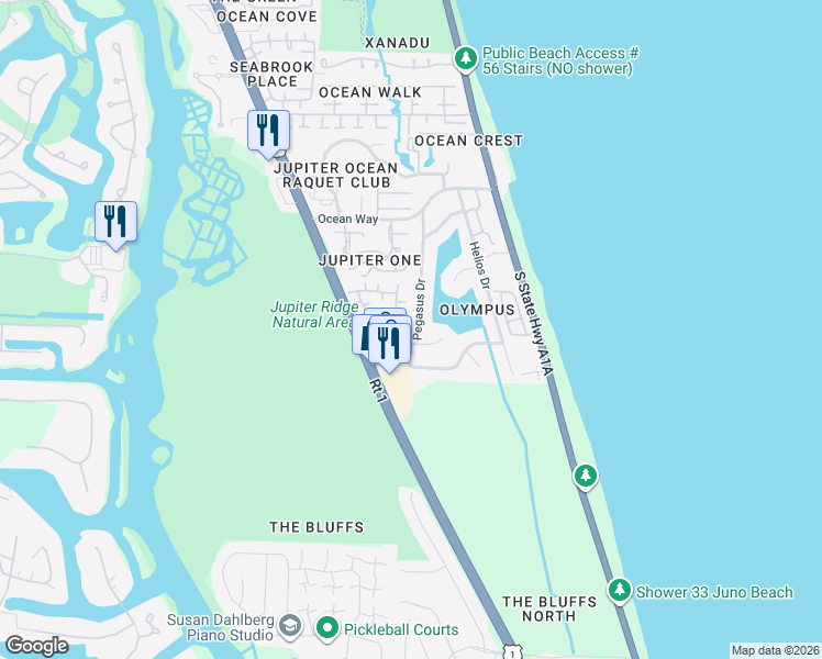 map of restaurants, bars, coffee shops, grocery stores, and more near 109 Pegasus Drive in Jupiter