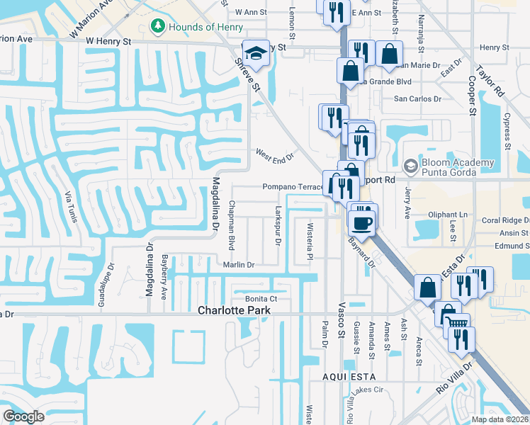 map of restaurants, bars, coffee shops, grocery stores, and more near 524 Dolphin Parkway in Punta Gorda