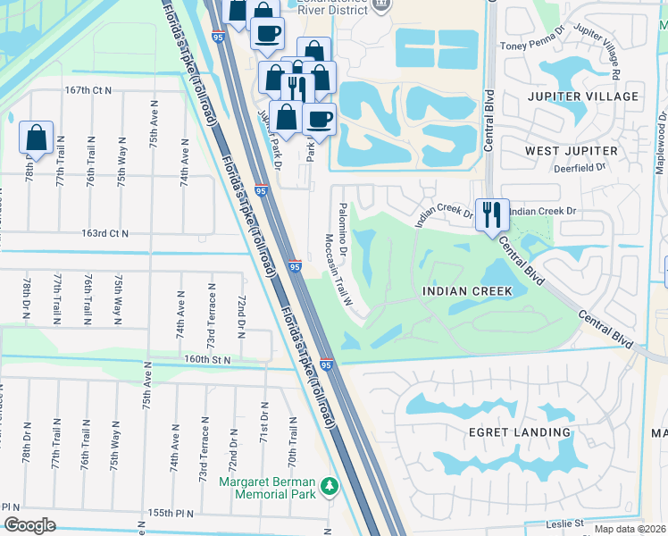 map of restaurants, bars, coffee shops, grocery stores, and more near 265 Moccasin Trail West in Jupiter