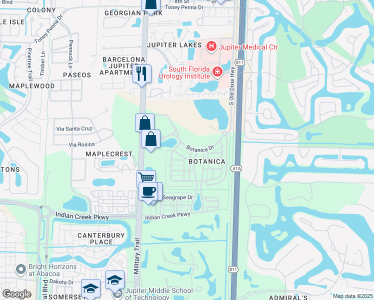map of restaurants, bars, coffee shops, grocery stores, and more near 144 Botanica Drive in Jupiter