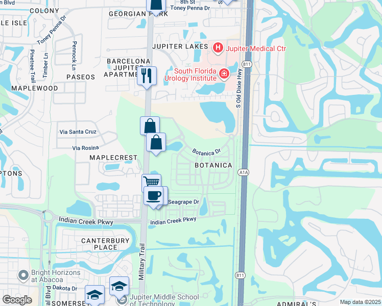 map of restaurants, bars, coffee shops, grocery stores, and more near 144 Botanica Drive in Jupiter