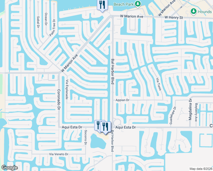 map of restaurants, bars, coffee shops, grocery stores, and more near 596 Belvedere Court in Punta Gorda