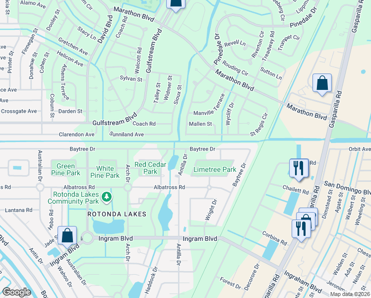 map of restaurants, bars, coffee shops, grocery stores, and more near 266 Baytree Drive in Rotonda West