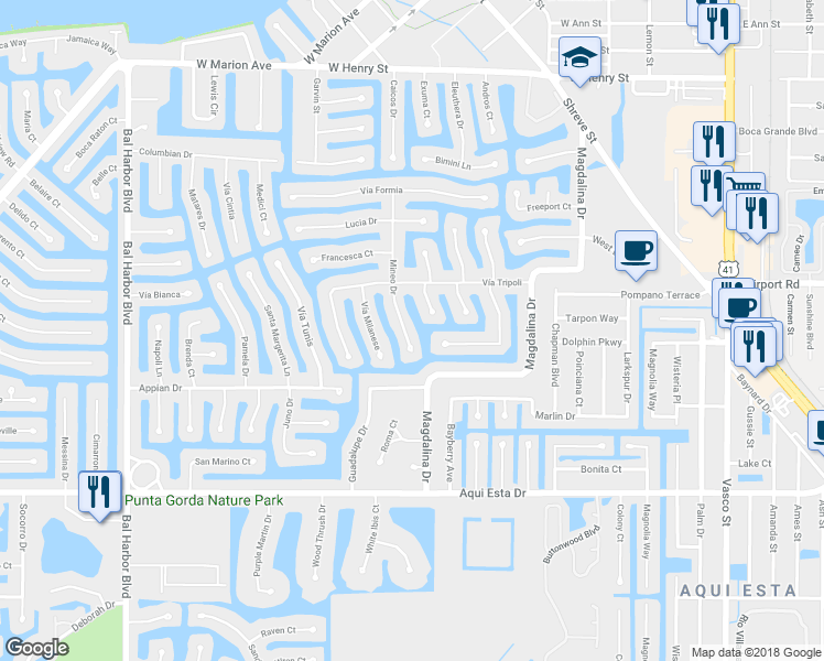 map of restaurants, bars, coffee shops, grocery stores, and more near 1327 Wesley Drive in Punta Gorda