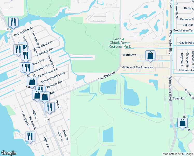 map of restaurants, bars, coffee shops, grocery stores, and more near 7161 San Casa Drive in Englewood