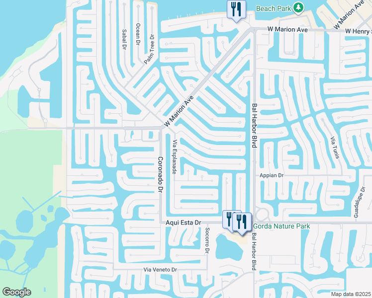 map of restaurants, bars, coffee shops, grocery stores, and more near 2390 El Cerito Court in Punta Gorda