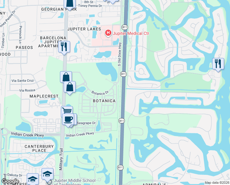 map of restaurants, bars, coffee shops, grocery stores, and more near 153 East Bay Cedar Circle in Jupiter