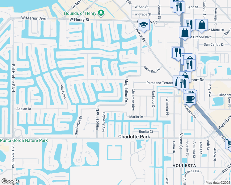 map of restaurants, bars, coffee shops, grocery stores, and more near 1345 Mediterranean Drive in Punta Gorda