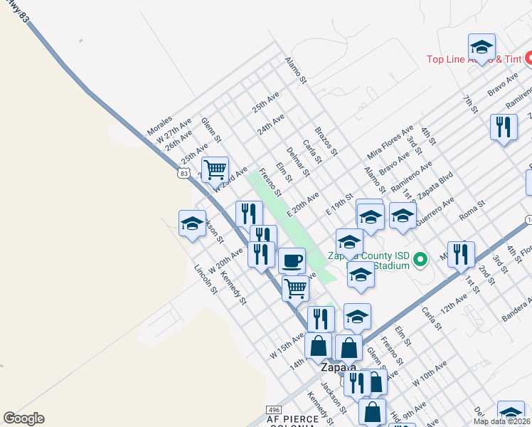 map of restaurants, bars, coffee shops, grocery stores, and more near 2101-2199 Glenn Street in Zapata