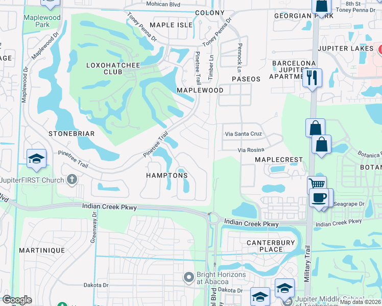 map of restaurants, bars, coffee shops, grocery stores, and more near 152 Bayberry Circle in Jupiter