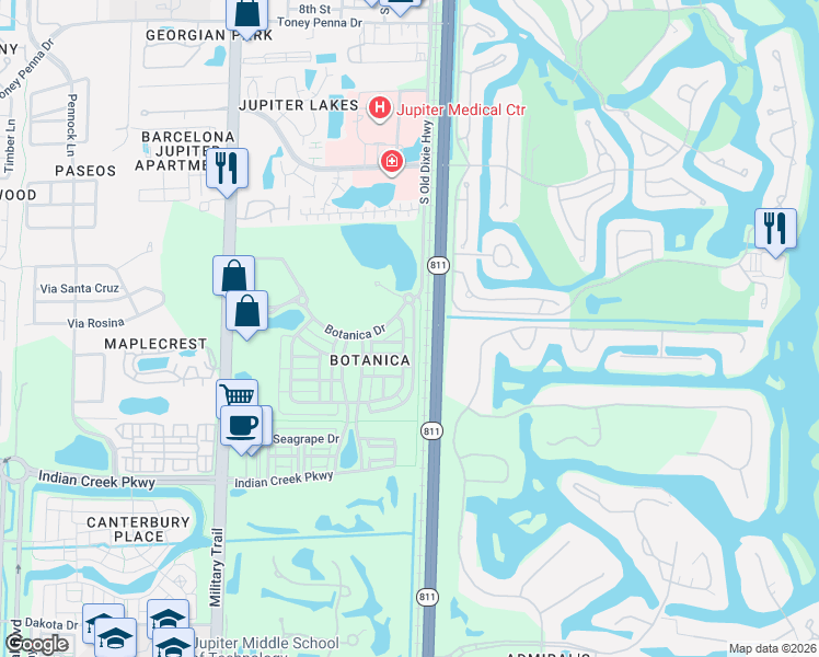 map of restaurants, bars, coffee shops, grocery stores, and more near 129 East Bay Cedar Circle in Jupiter