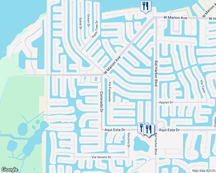 map of restaurants, bars, coffee shops, grocery stores, and more near 300 Coronado Drive in Punta Gorda