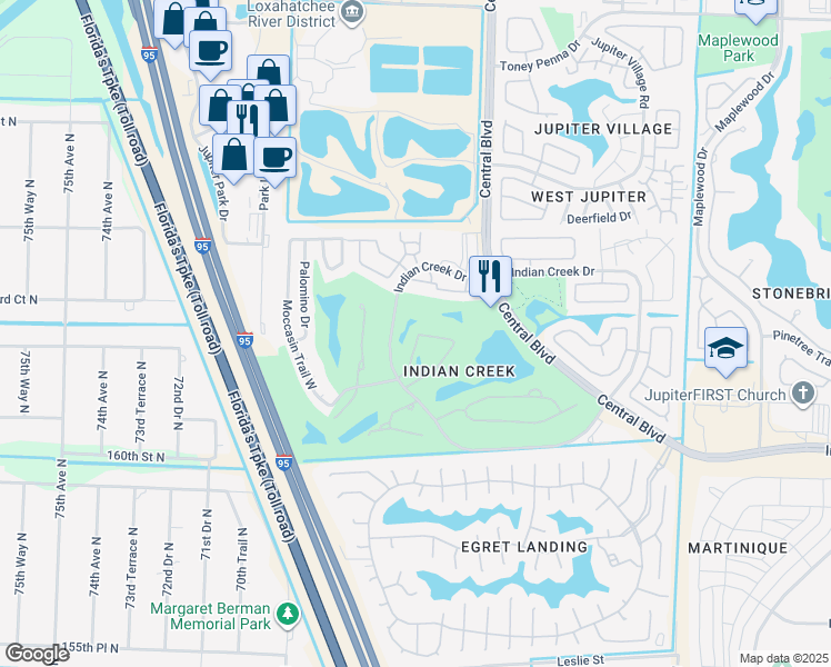 map of restaurants, bars, coffee shops, grocery stores, and more near 401f Pinecrest Circle in Jupiter