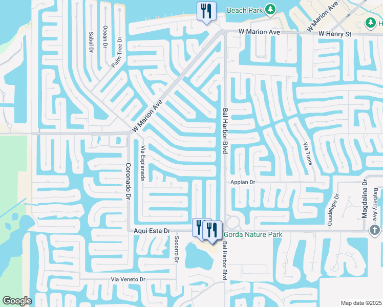 map of restaurants, bars, coffee shops, grocery stores, and more near 500 Belvedere Court in Punta Gorda