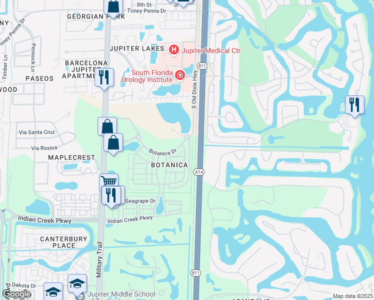 map of restaurants, bars, coffee shops, grocery stores, and more near 145 East Bay Cedar Circle in Jupiter