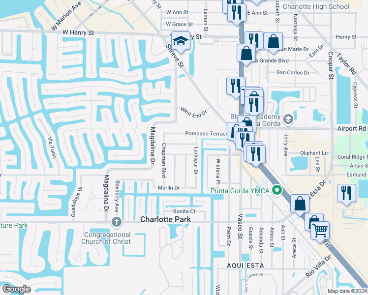map of restaurants, bars, coffee shops, grocery stores, and more near 601 Tarpon Way in Punta Gorda