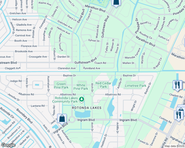 map of restaurants, bars, coffee shops, grocery stores, and more near 216 Baytree Drive in Rotonda West