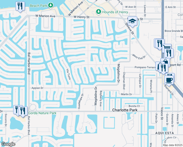 map of restaurants, bars, coffee shops, grocery stores, and more near 1323 Mineo Drive in Punta Gorda