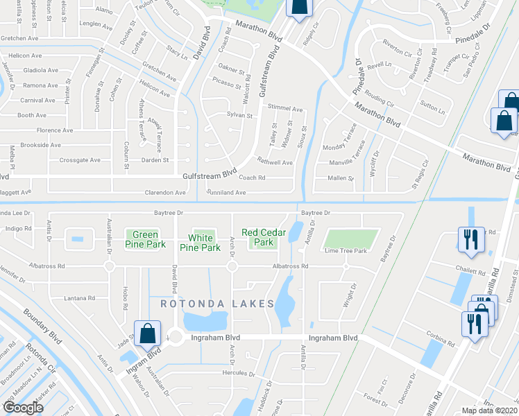 map of restaurants, bars, coffee shops, grocery stores, and more near 234 Baytree Drive in Rotonda West