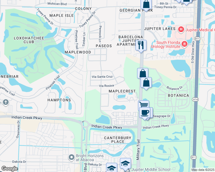 map of restaurants, bars, coffee shops, grocery stores, and more near 169 Via Rosina in Jupiter